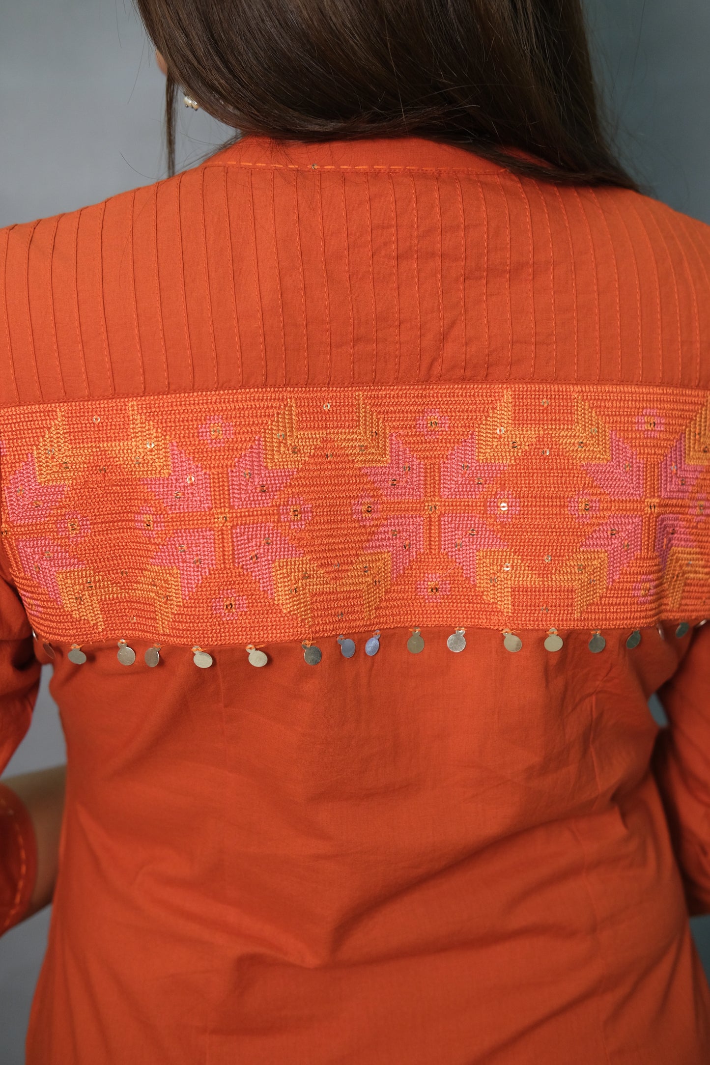 Rust Color Embroidered & Pintex 3-Piece Cotton Suit Set – With Back work