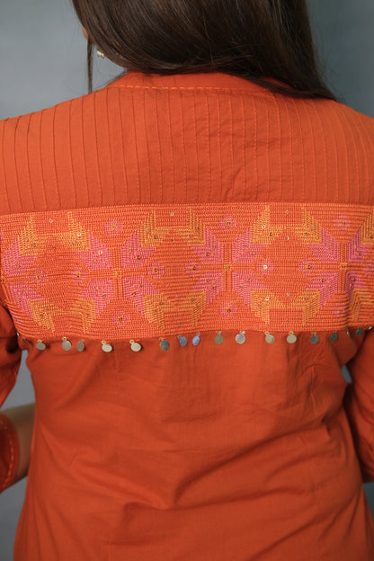 Rust Color Embroidered & Pintex 3-Piece Cotton Suit Set – With Back work