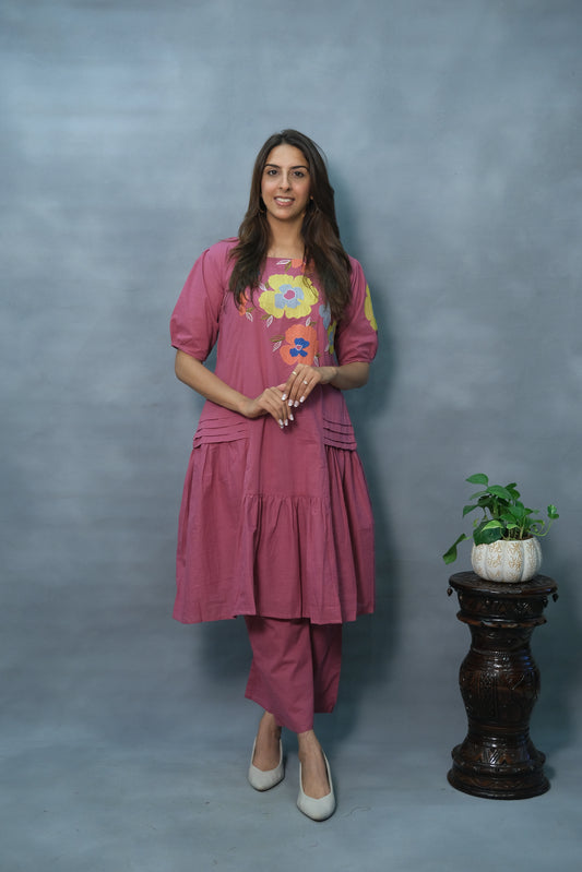 Magenta Embroidered Cotton Kurta Pant Set – Elegant Ethnic Wear