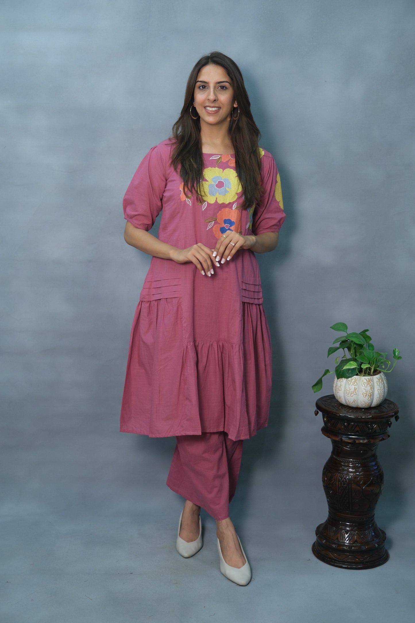 Magenta Embroidered Cotton Kurta Pant Set – Elegant Ethnic Wear