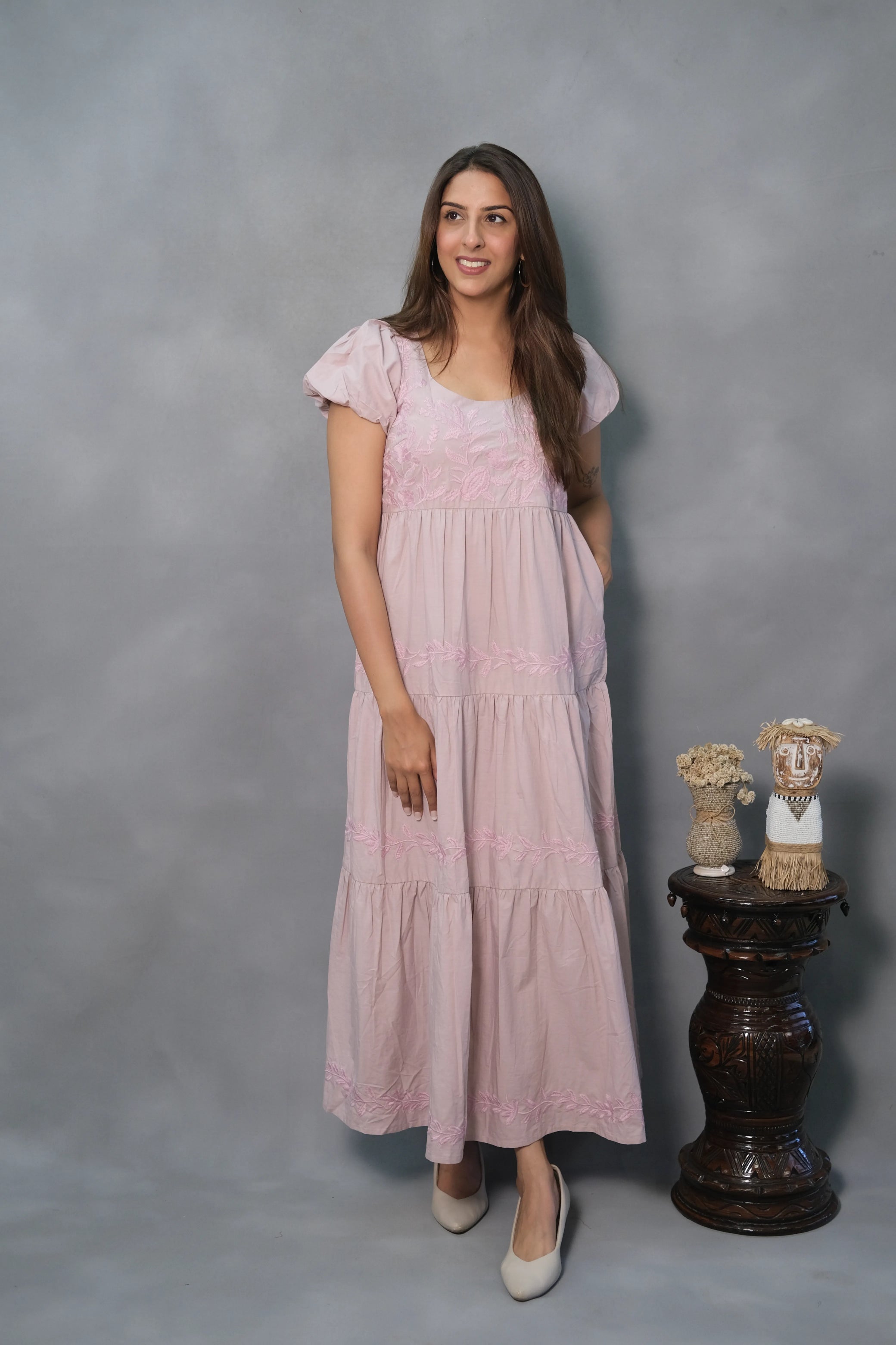 Pink Embroidered One-Piece Cotton Dress – Elegant & Chic