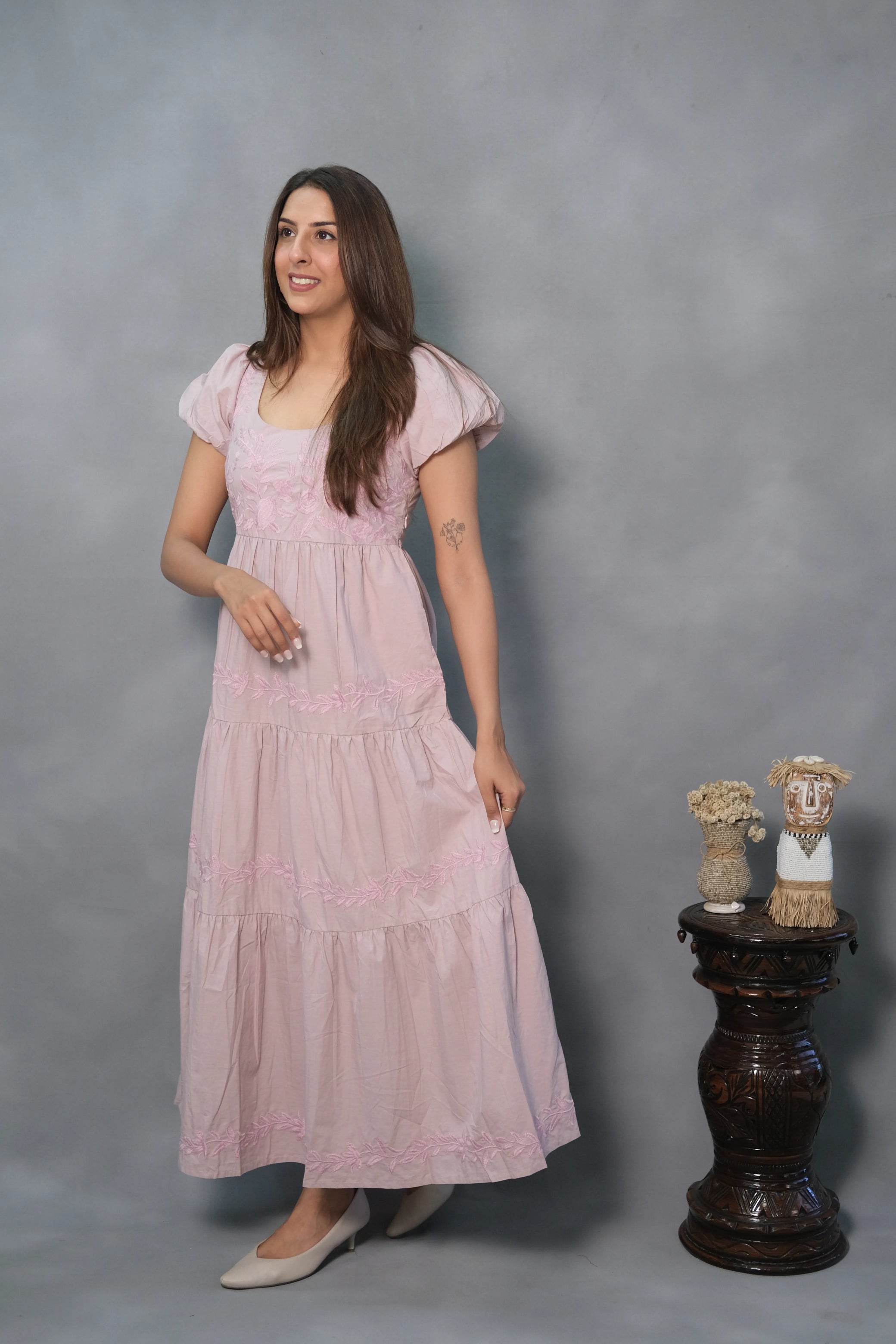 Pink Embroidered One-Piece Cotton Dress – Elegant & Chic
