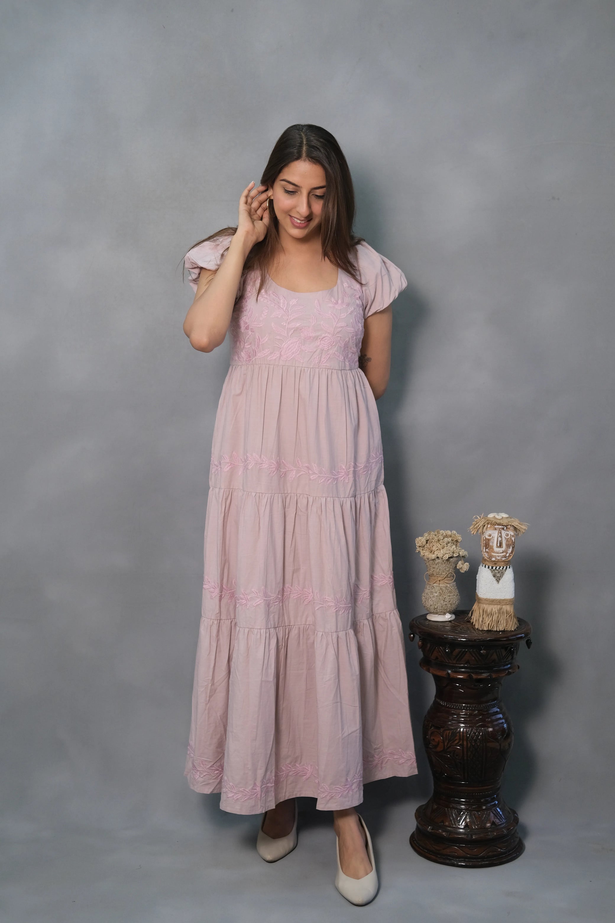 Pink Embroidered One-Piece Cotton Dress – Elegant & Chic
