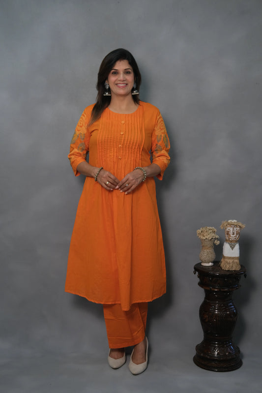 Orange Kurta Pant Set with Pintuck & Sleeve Embroidery | Mul Cotton