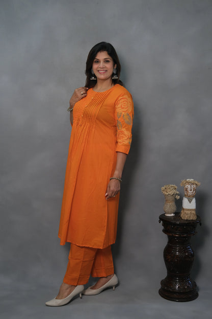 Orange Kurta Pant Set with Pintuck & Sleeve Embroidery | Mul Cotton