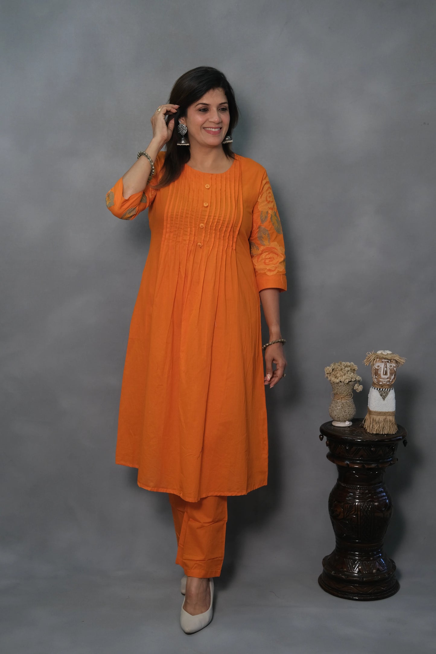 Orange Kurta Pant Set with Pintuck & Sleeve Embroidery | Mul Cotton