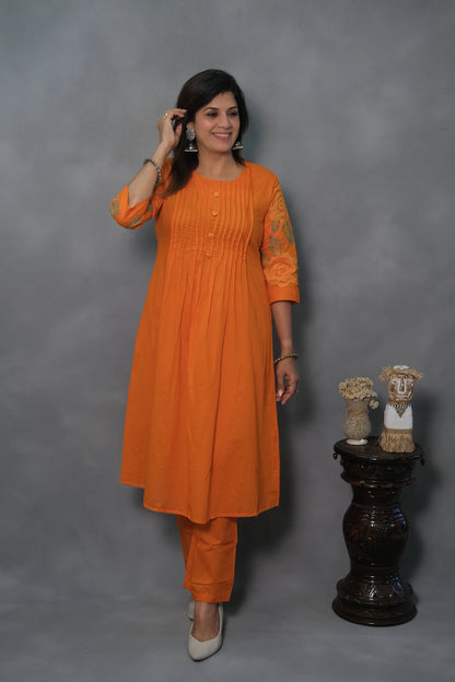 Orange Kurta Pant Set with Pintuck & Sleeve Embroidery | Mul Cotton