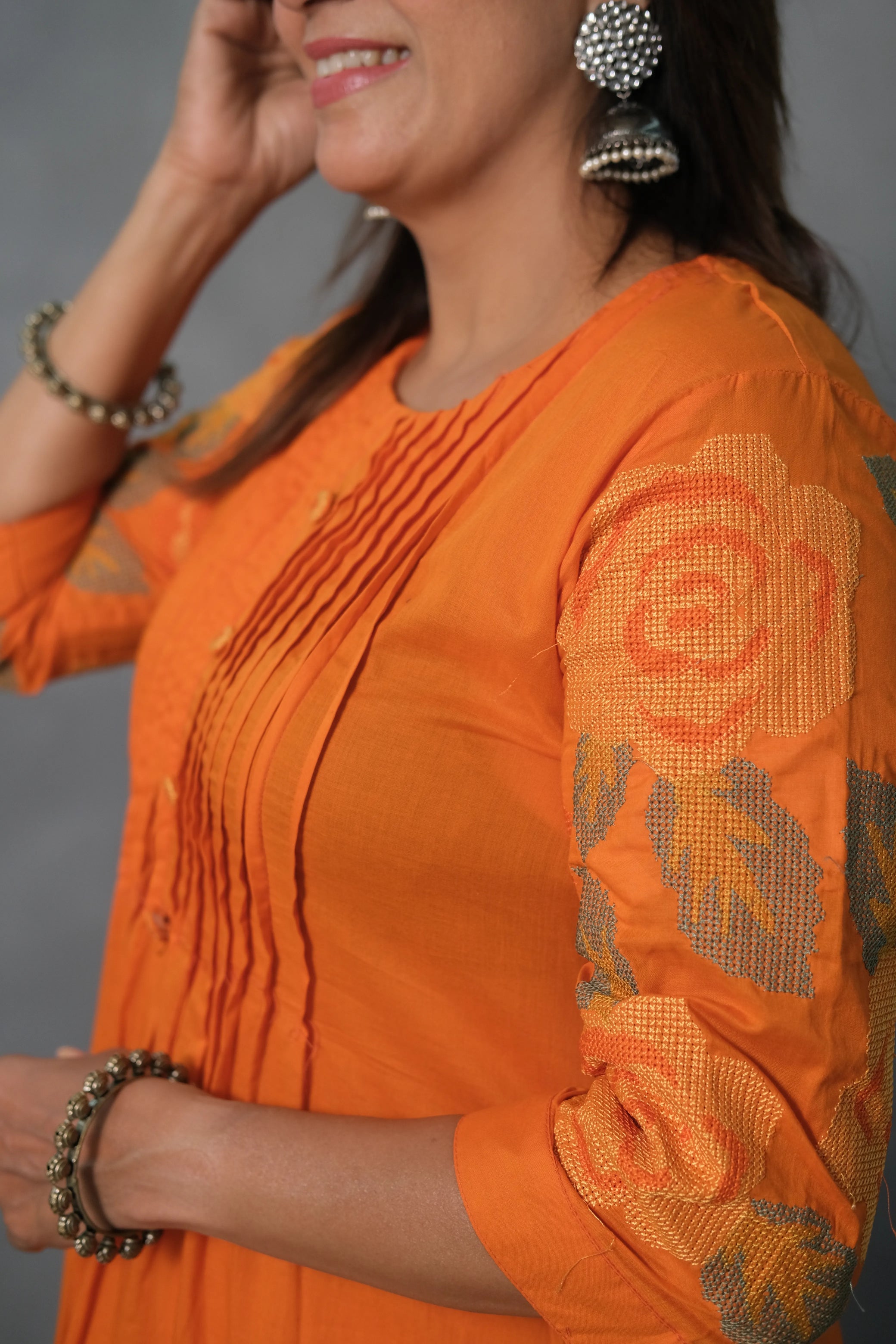 Orange Kurta Pant Set with Pintuck & Sleeve Embroidery | Mul Cotton