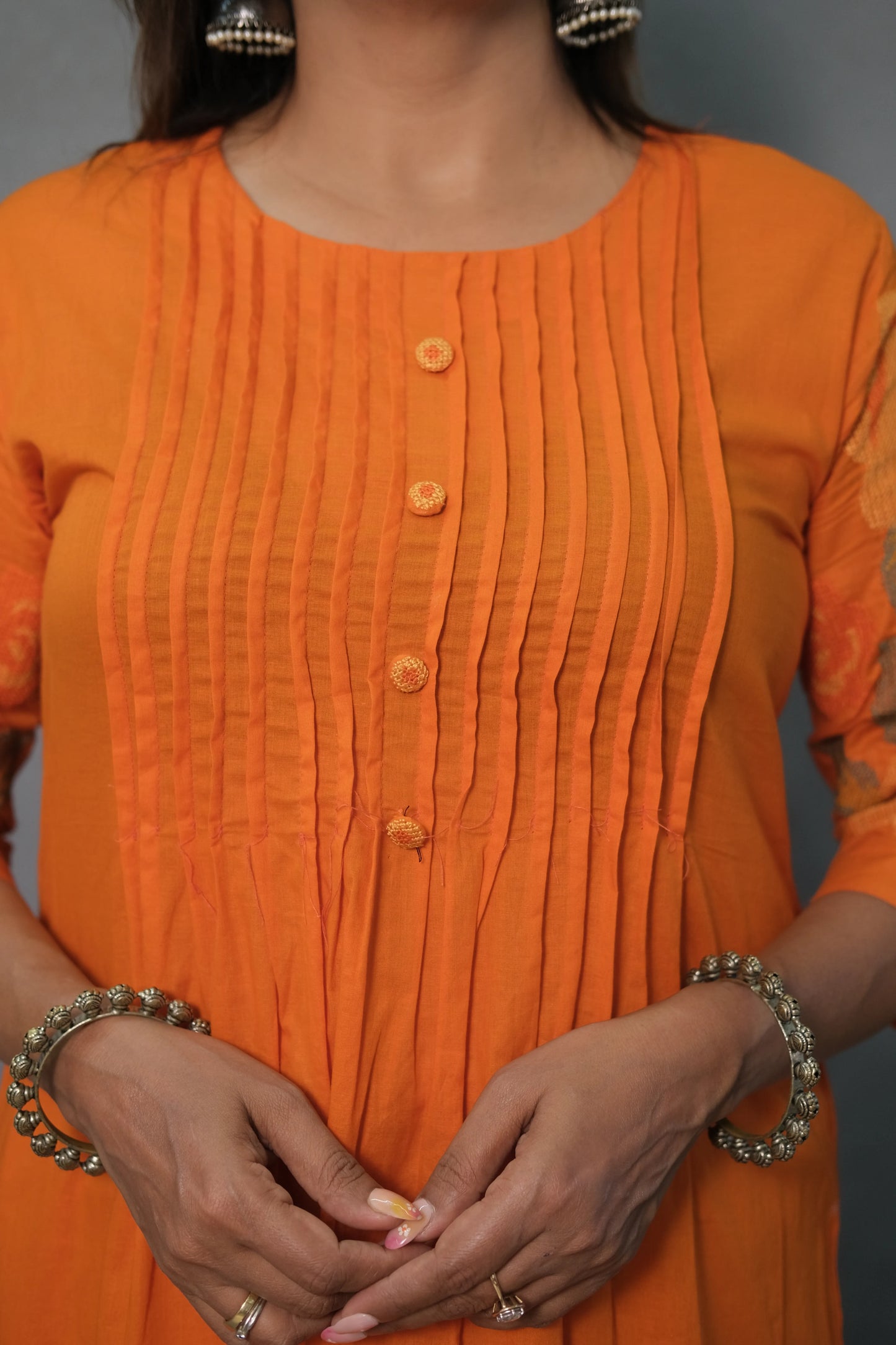 Orange Kurta Pant Set with Pintuck & Sleeve Embroidery | Mul Cotton