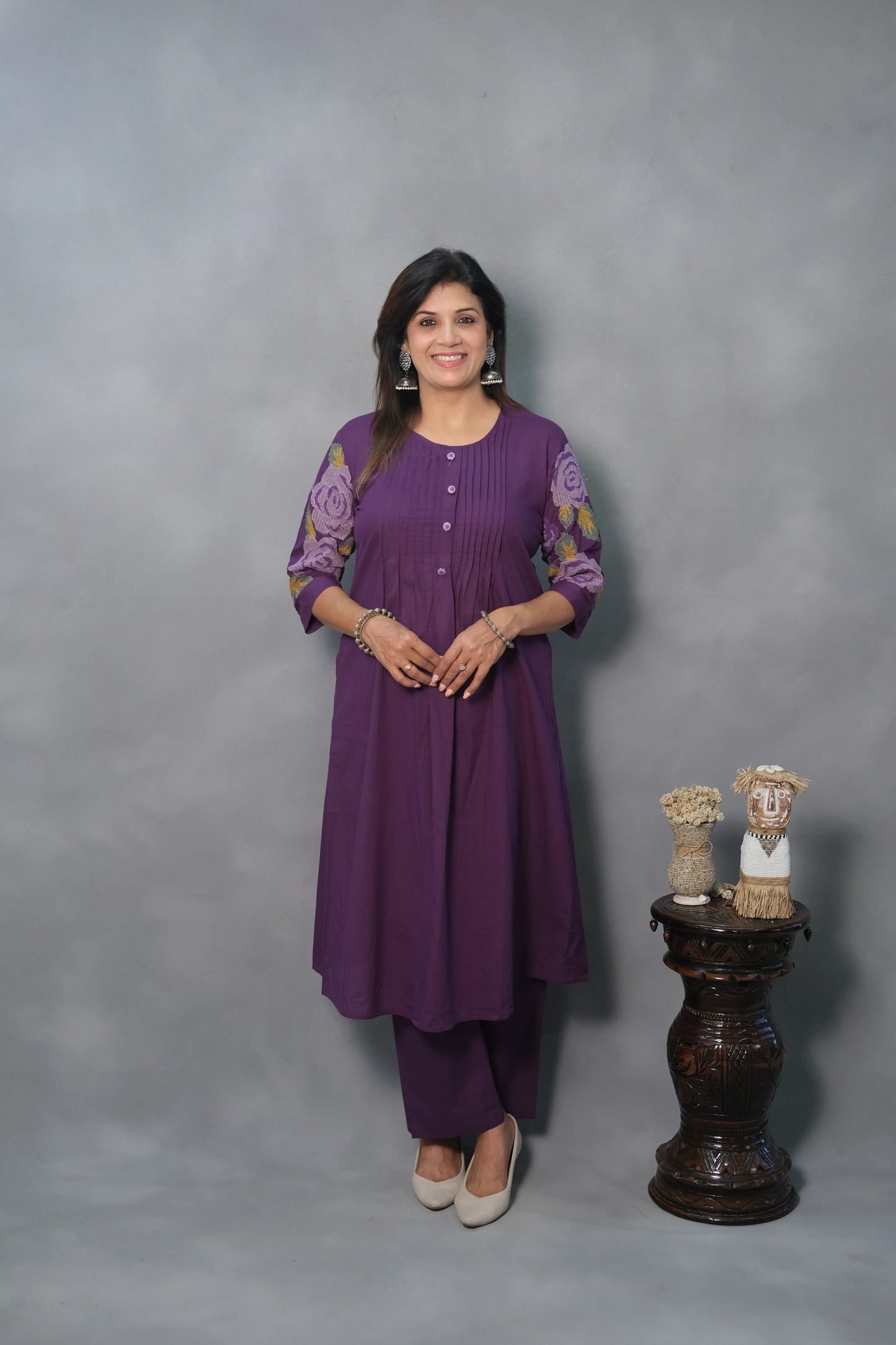 Purple Kurta Pant Set with Pintuck & Embroidered Sleeves | Mul Cotton