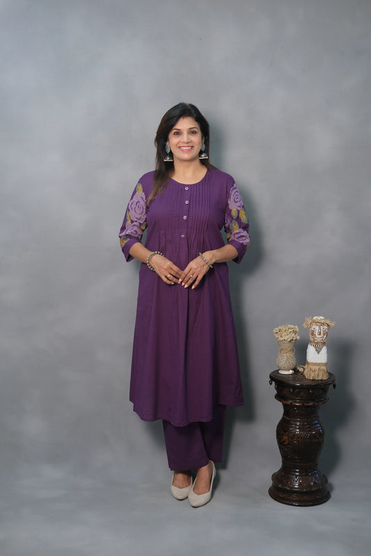Purple Kurta Pant Set with Pintuck & Embroidered Sleeves | Mul Cotton