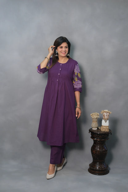 Purple Kurta Pant Set with Pintuck & Embroidered Sleeves | Mul Cotton
