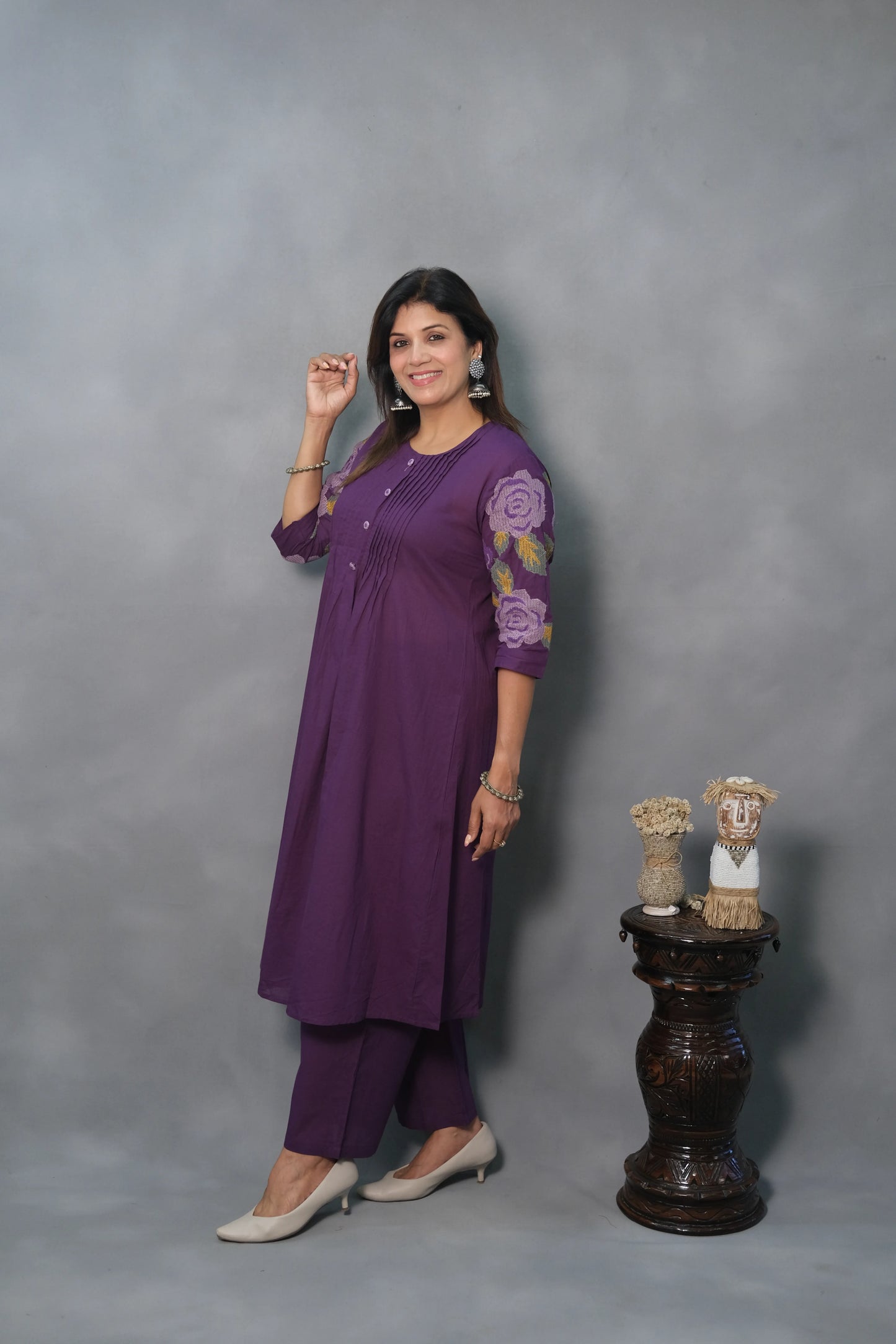 Purple Kurta Pant Set with Pintuck & Embroidered Sleeves | Mul Cotton