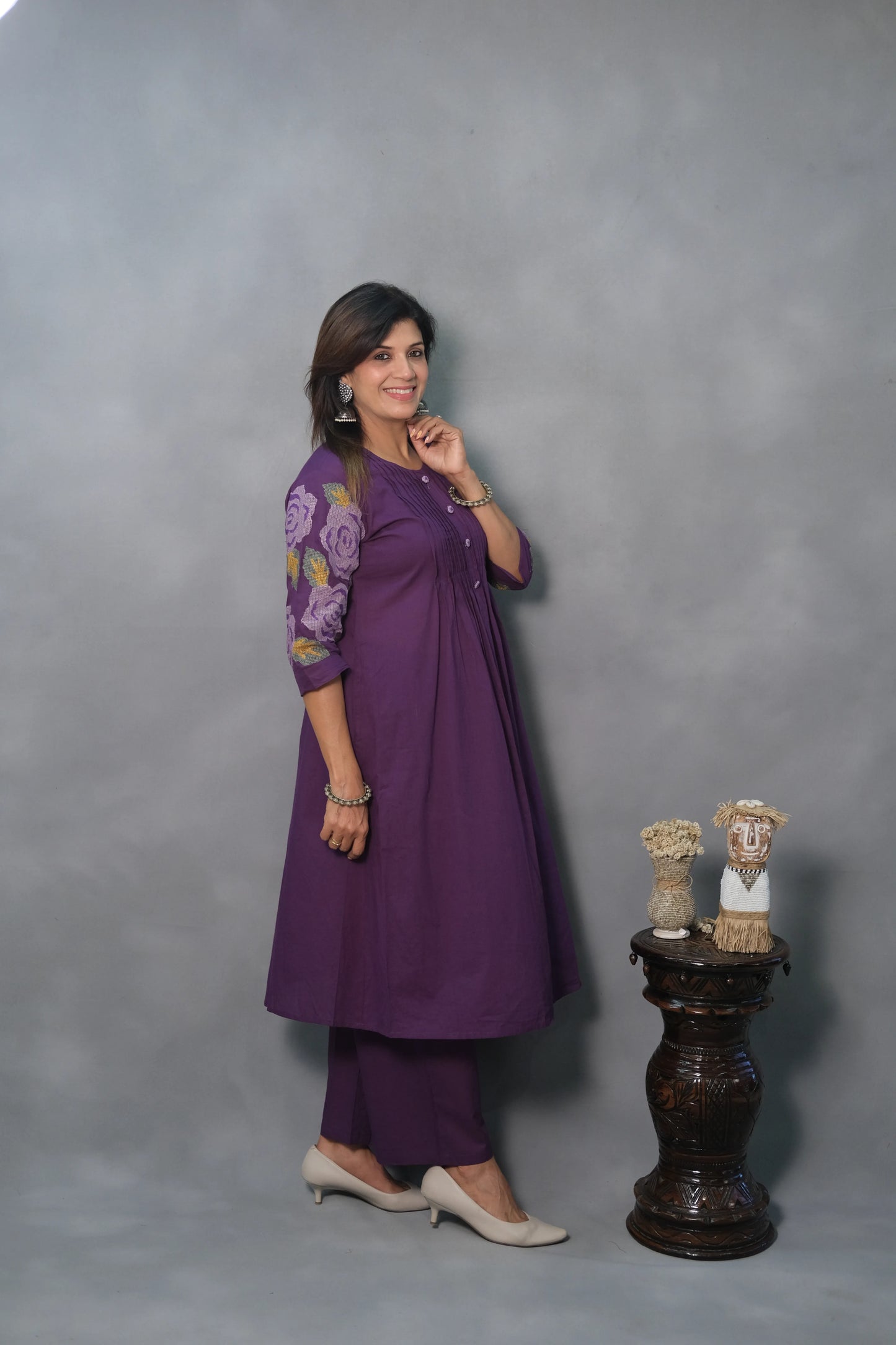 Purple Kurta Pant Set with Pintuck & Embroidered Sleeves | Mul Cotton