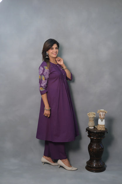 Purple Kurta Pant Set with Pintuck & Embroidered Sleeves | Mul Cotton