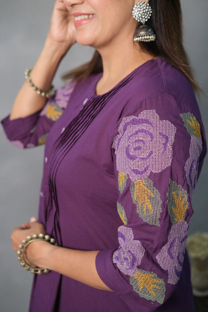 Purple Kurta Pant Set with Pintuck & Embroidered Sleeves | Mul Cotton