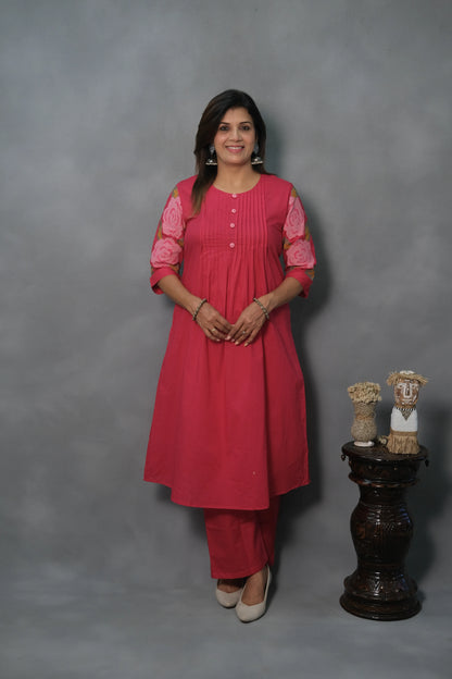 Pink Kurta Pant Set with Pintuck & Embroidered Sleeves | Mul Cotton