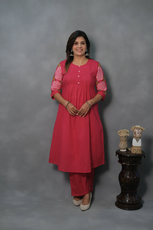 Pink Kurta Pant Set with Pintuck & Embroidered Sleeves | Mul Cotton