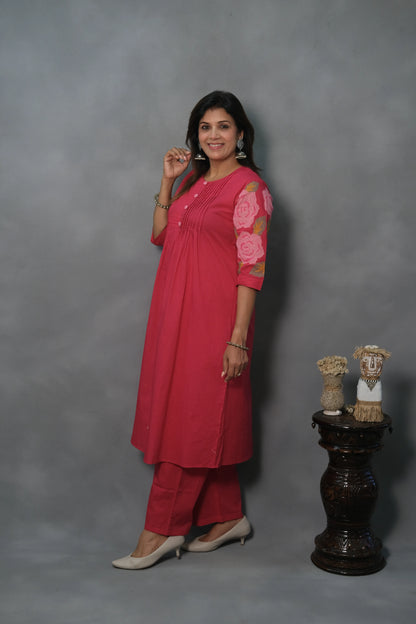 Pink Kurta Pant Set with Pintuck & Embroidered Sleeves | Mul Cotton