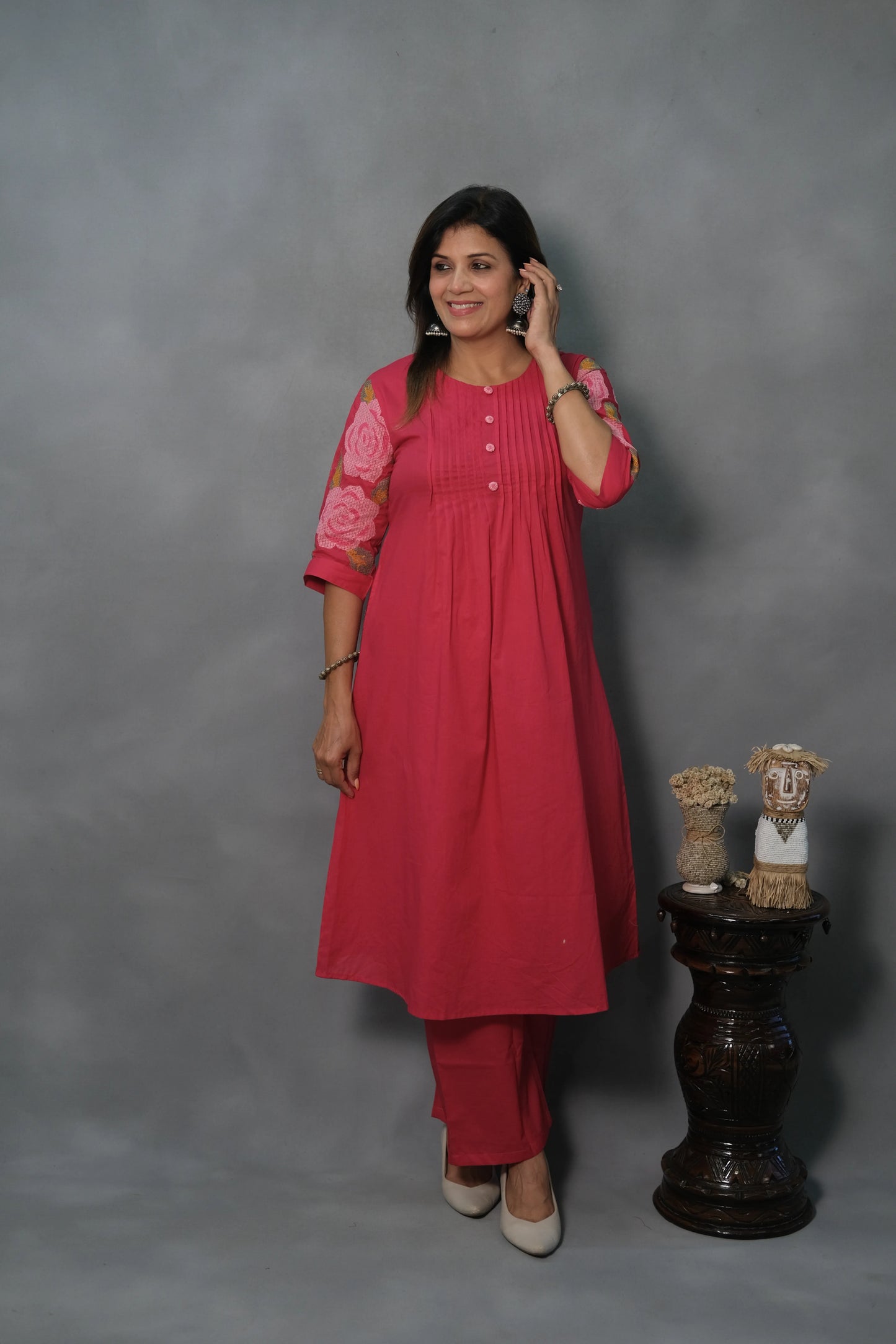Pink Kurta Pant Set with Pintuck & Embroidered Sleeves | Mul Cotton
