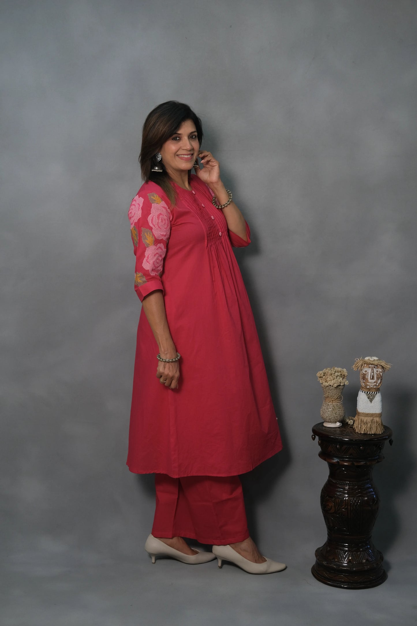 Pink Kurta Pant Set with Pintuck & Embroidered Sleeves | Mul Cotton