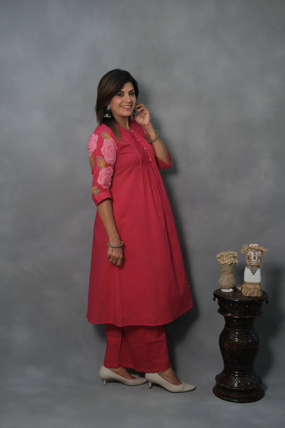 Pink Kurta Pant Set with Pintuck & Embroidered Sleeves | Mul Cotton