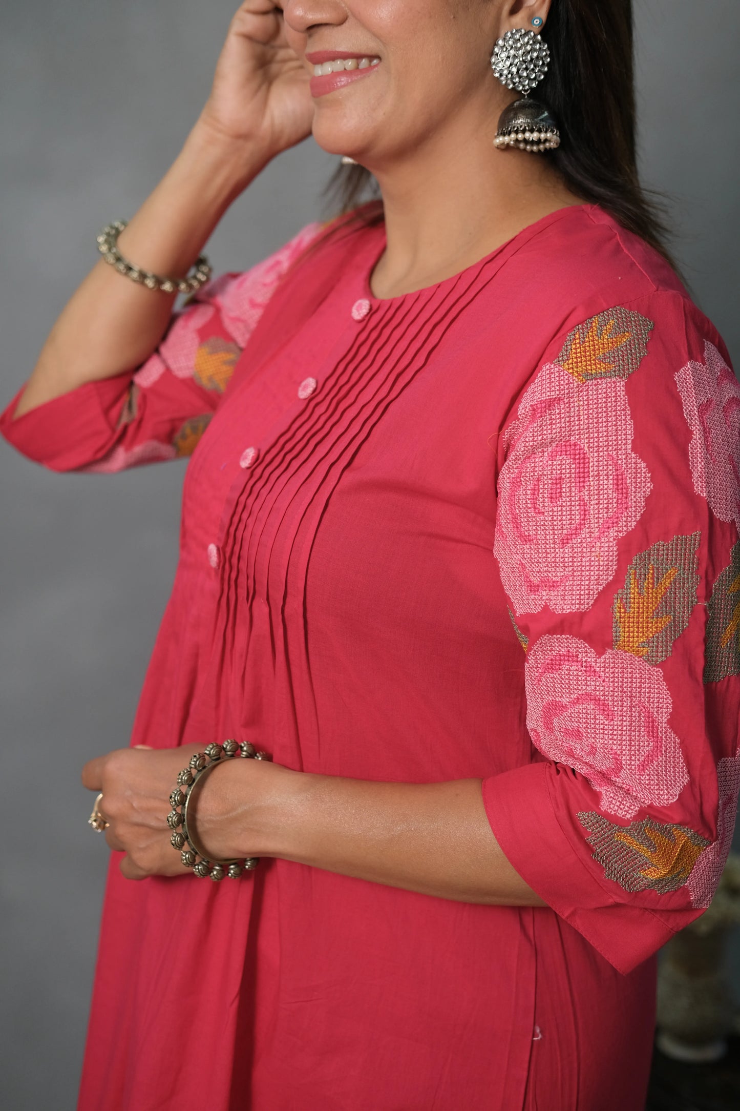 Pink Kurta Pant Set with Pintuck & Embroidered Sleeves | Mul Cotton
