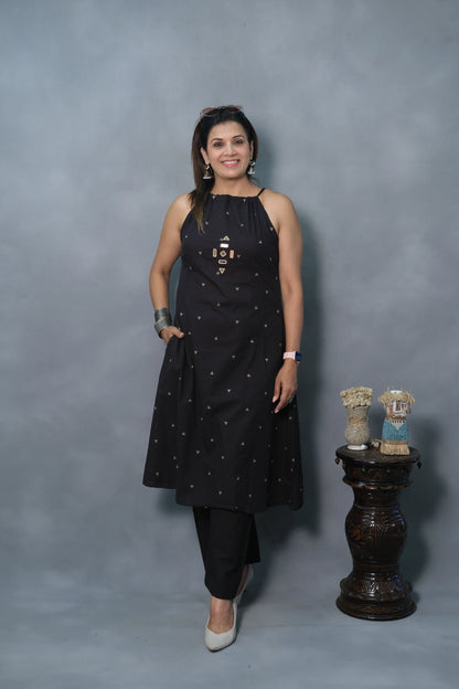 Black Spaghetti Kurta Set with Mirror Work | Soft Cotton