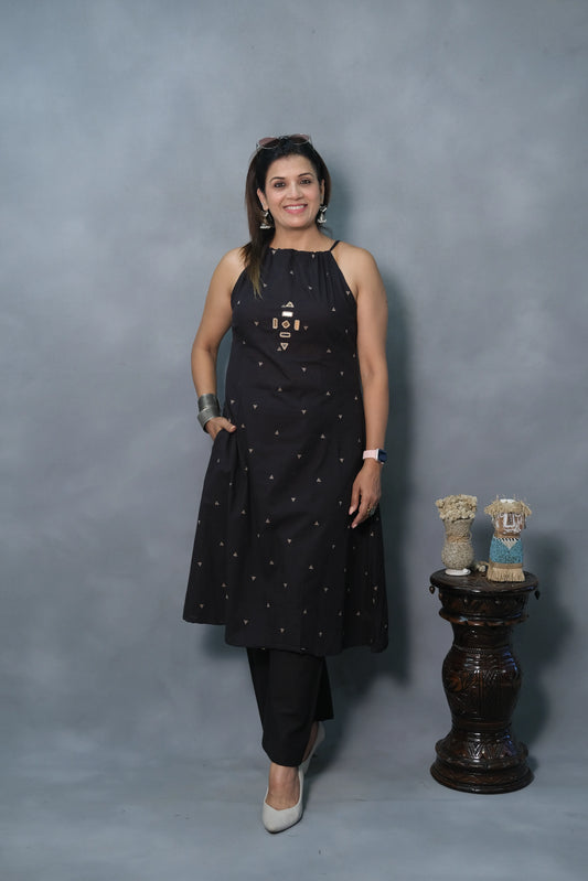 Black Spaghetti Kurta Set with Mirror Work | Soft Cotton