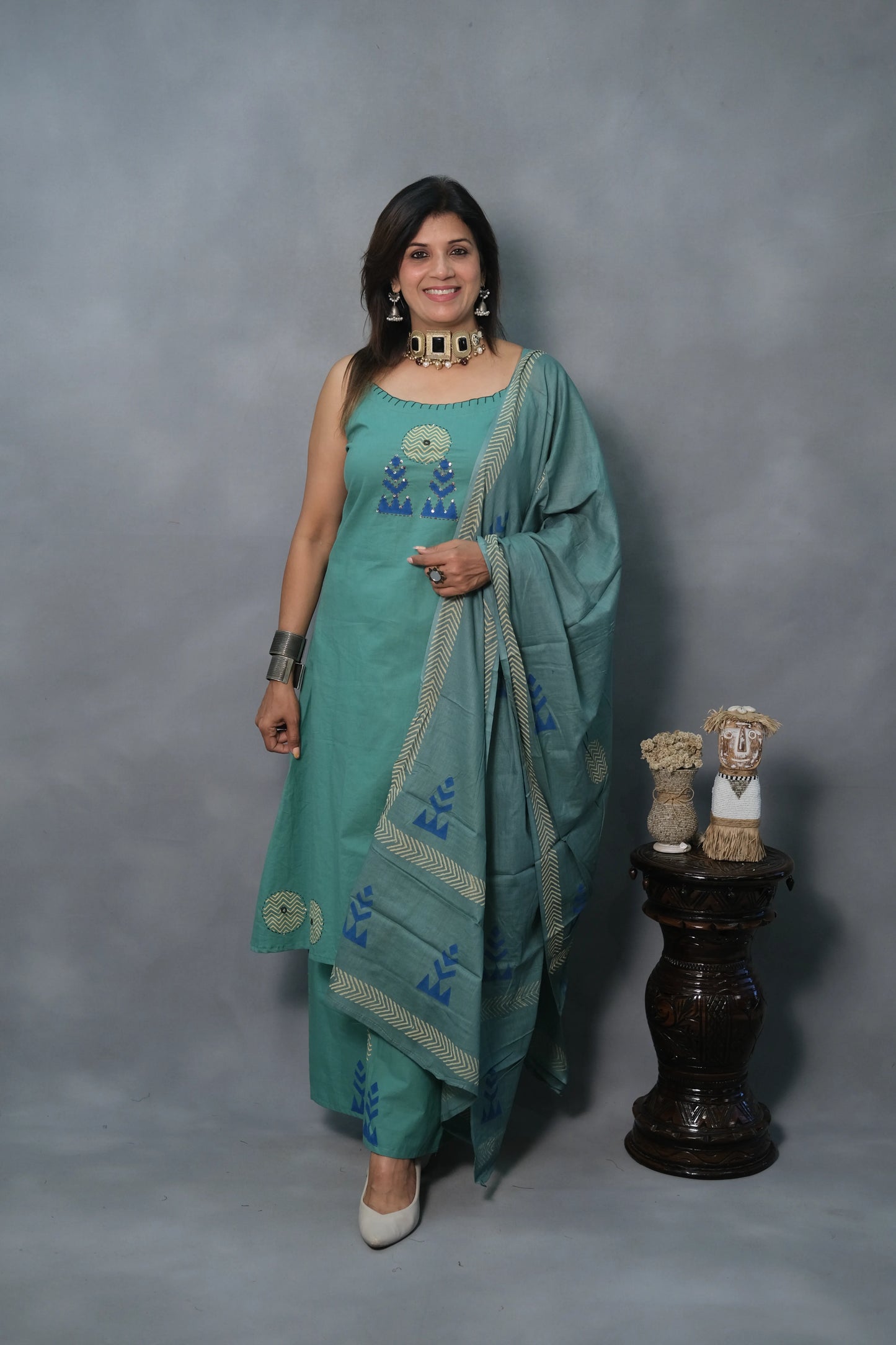 Green Turquoise Spaghetti Kurta Dupatta Set with Appliqué Work | Soft Cotton