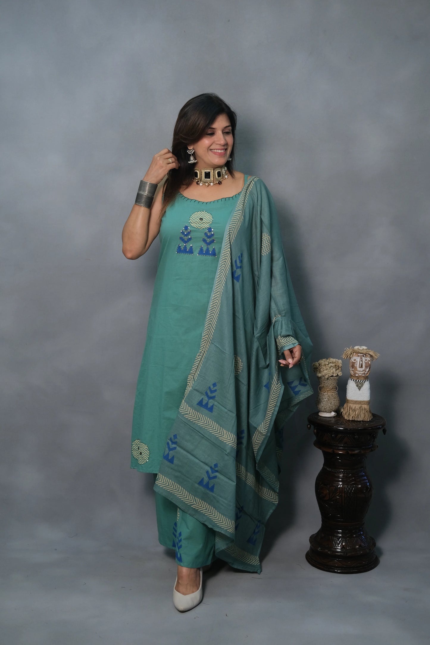 Green Turquoise Spaghetti Kurta Dupatta Set with Appliqué Work | Soft Cotton