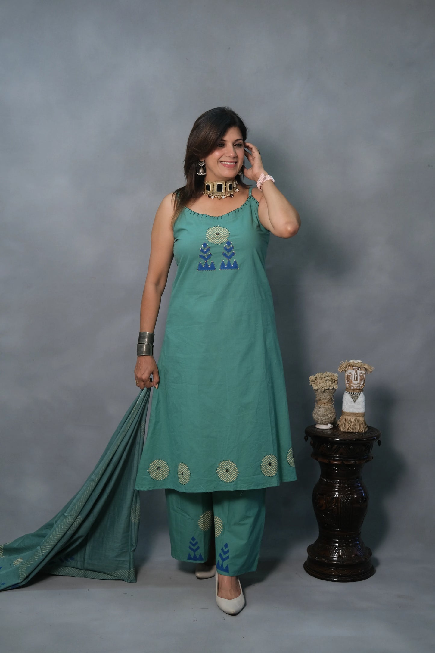 Green Turquoise Spaghetti Kurta Dupatta Set with Appliqué Work | Soft Cotton