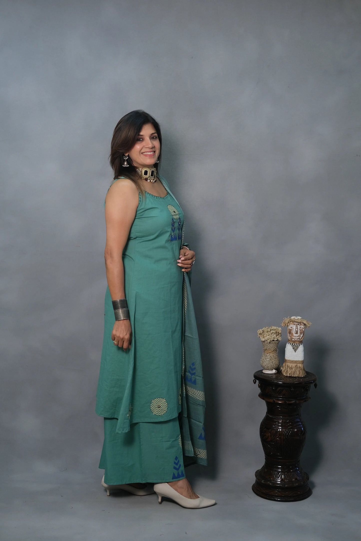 Green Turquoise Spaghetti Kurta Dupatta Set with Appliqué Work | Soft Cotton