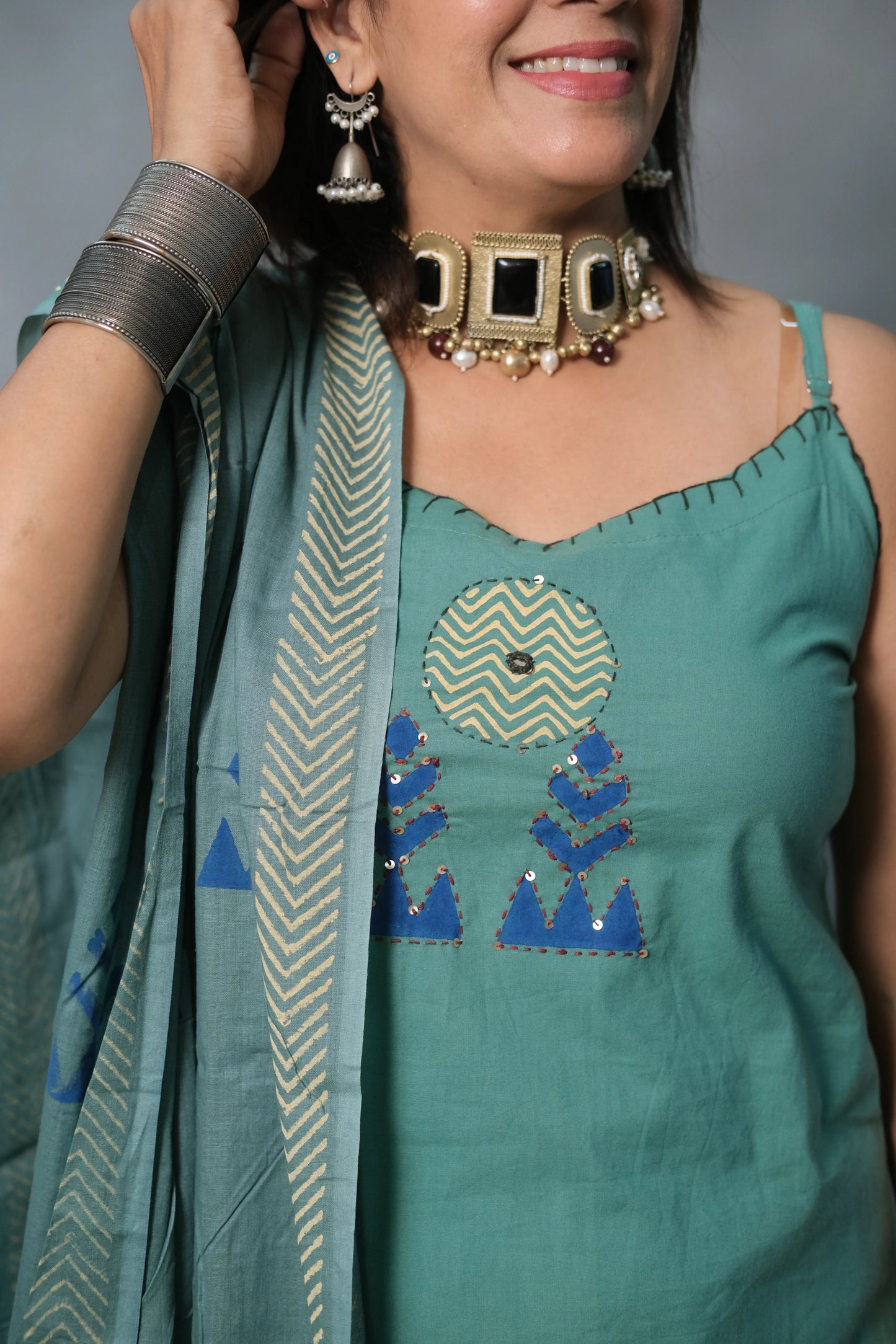 Green Turquoise Spaghetti Kurta Dupatta Set with Appliqué Work | Soft Cotton