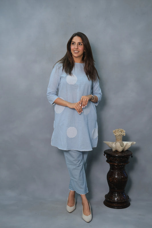 Powder Blue Co-Ord Set with Intricate Thread Work | Slub Cotton