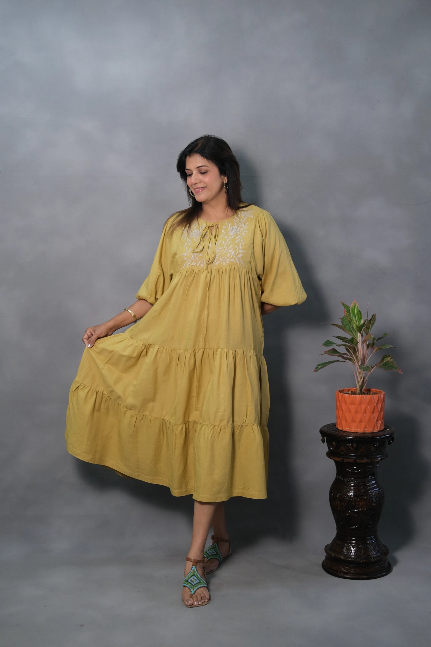 Yellow Oversized Embroidered One Piece Dress | Slub Cotton