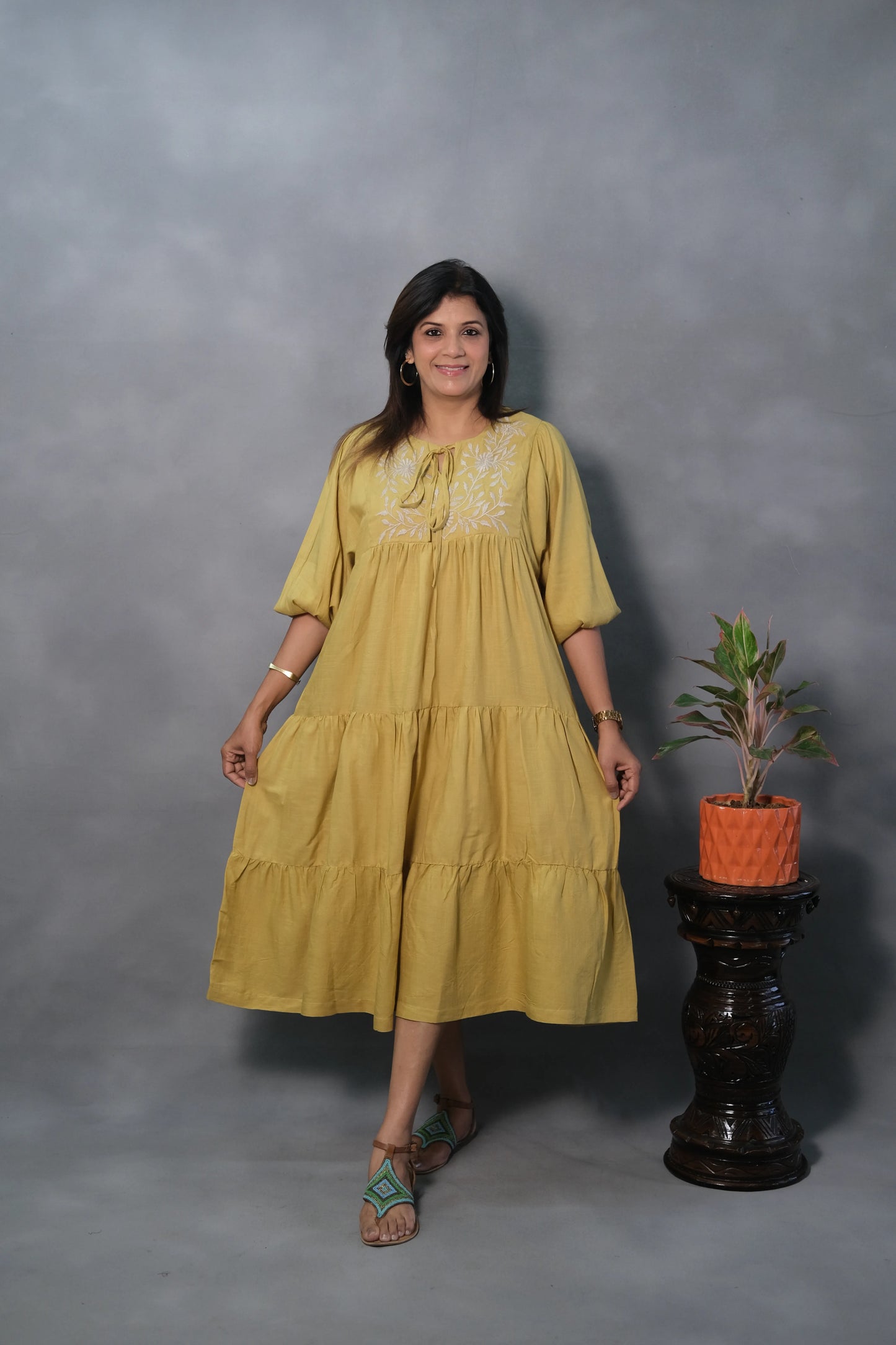 Yellow Oversized Embroidered One Piece Dress | Slub Cotton