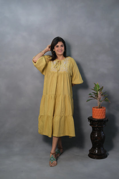 Yellow Oversized Embroidered One Piece Dress | Slub Cotton