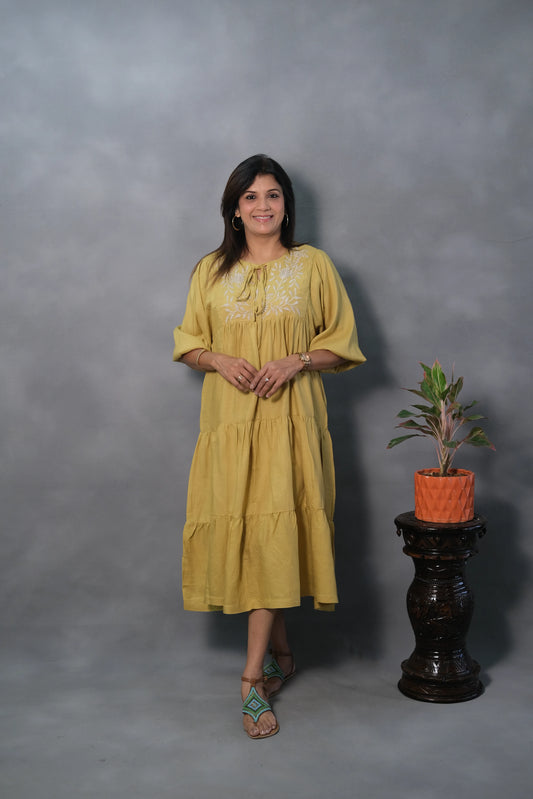 Yellow Oversized Embroidered One Piece Dress | Slub Cotton
