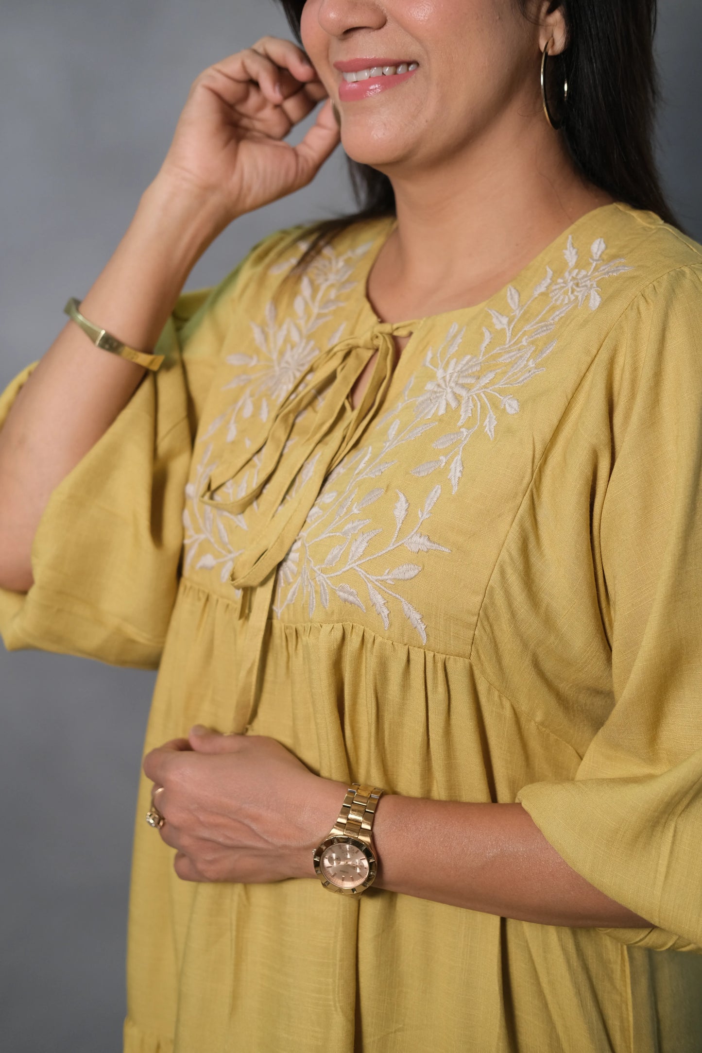Yellow Oversized Embroidered One Piece Dress | Slub Cotton