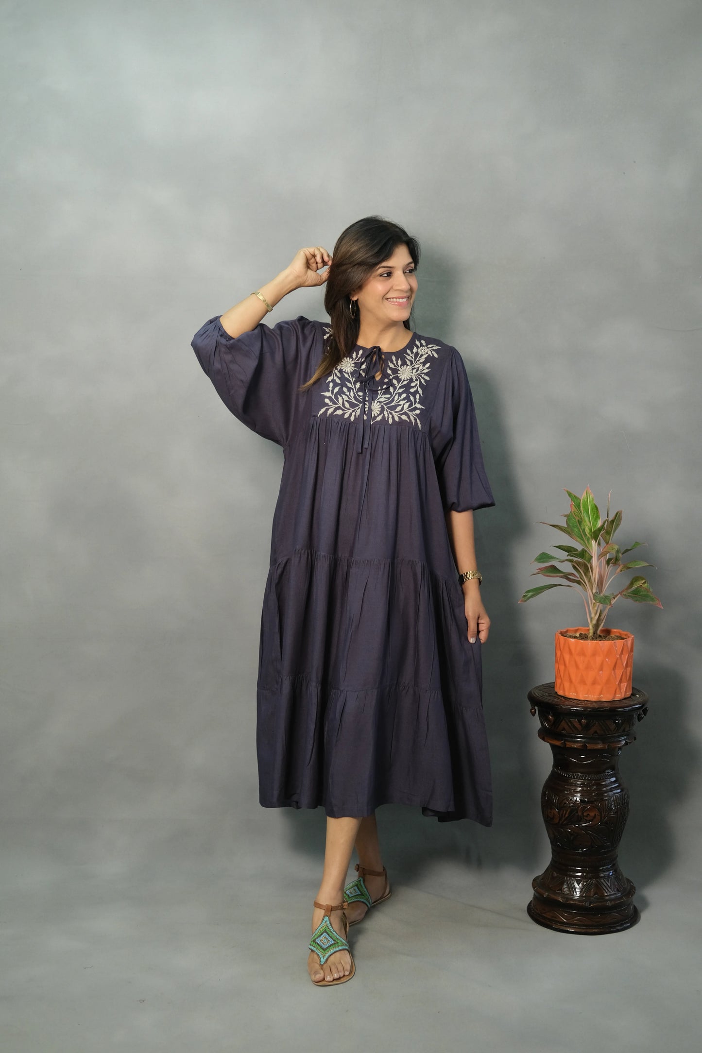 Blue Oversized Embroidered One Piece Dress | Slub Cotton