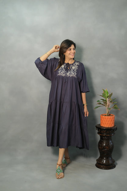 Blue Oversized Embroidered One Piece Dress | Slub Cotton