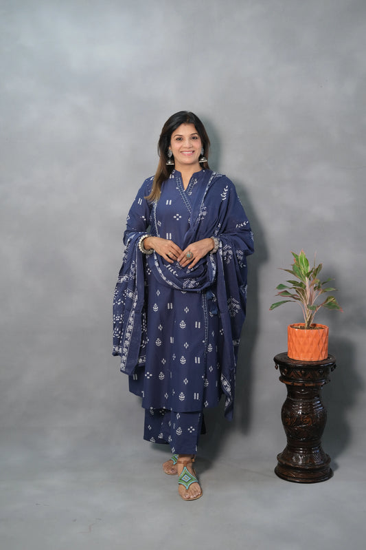 Indigo Printed A-Line Kurta with Dupatta Set | Soft Cotton