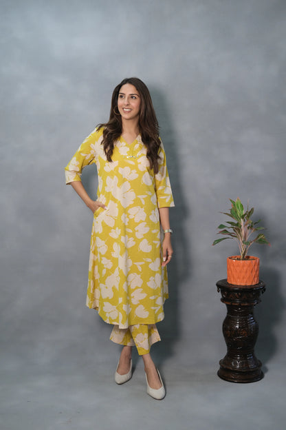 Yellow Floral Printed Kurta Pant Set | Soft Cotton