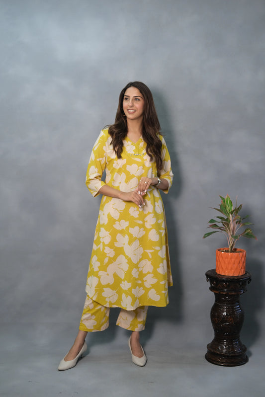 Yellow Floral Printed Kurta Pant Set | Soft Cotton