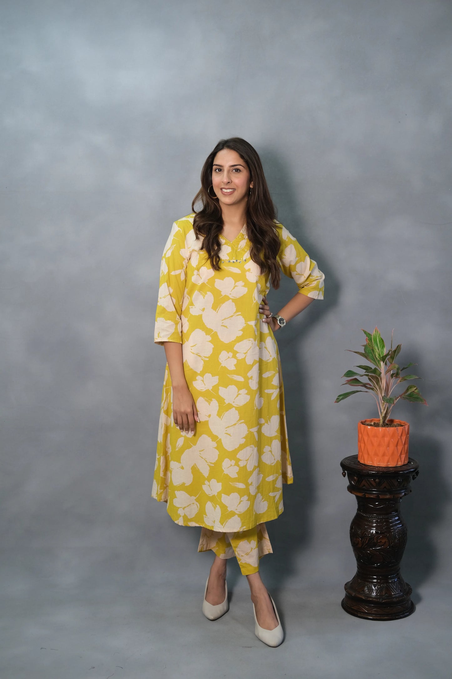 Yellow Floral Printed Kurta Pant Set | Soft Cotton
