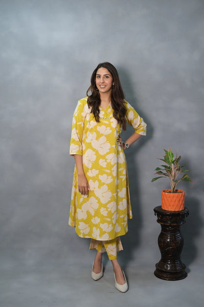Yellow Floral Printed Kurta Pant Set | Soft Cotton