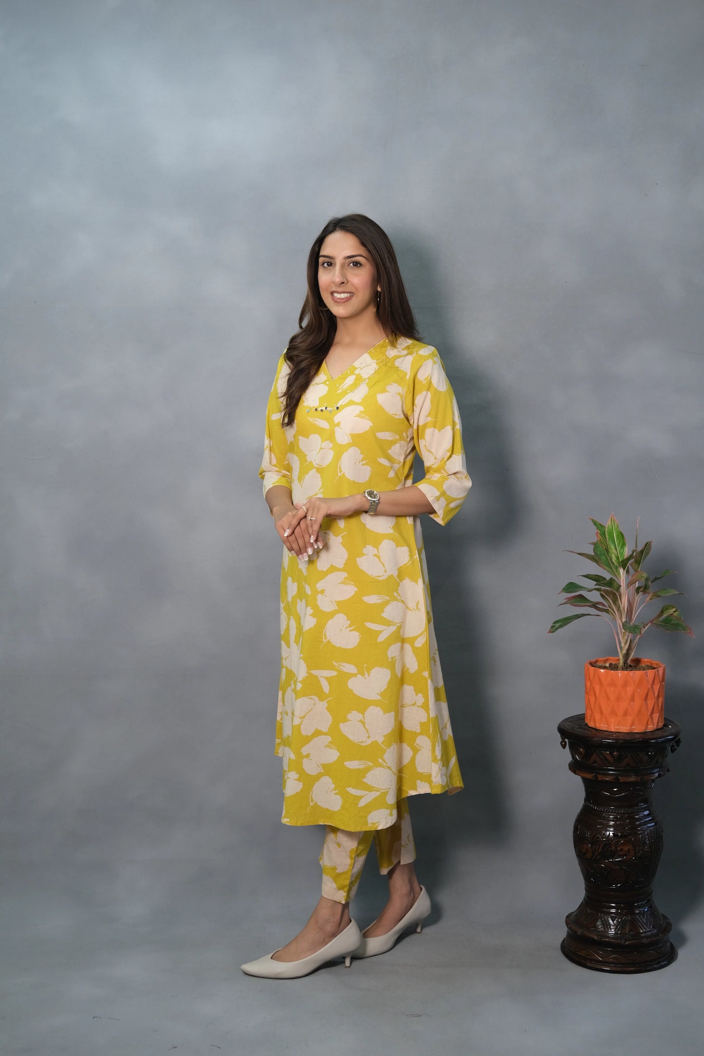 Yellow Floral Printed Kurta Pant Set | Soft Cotton