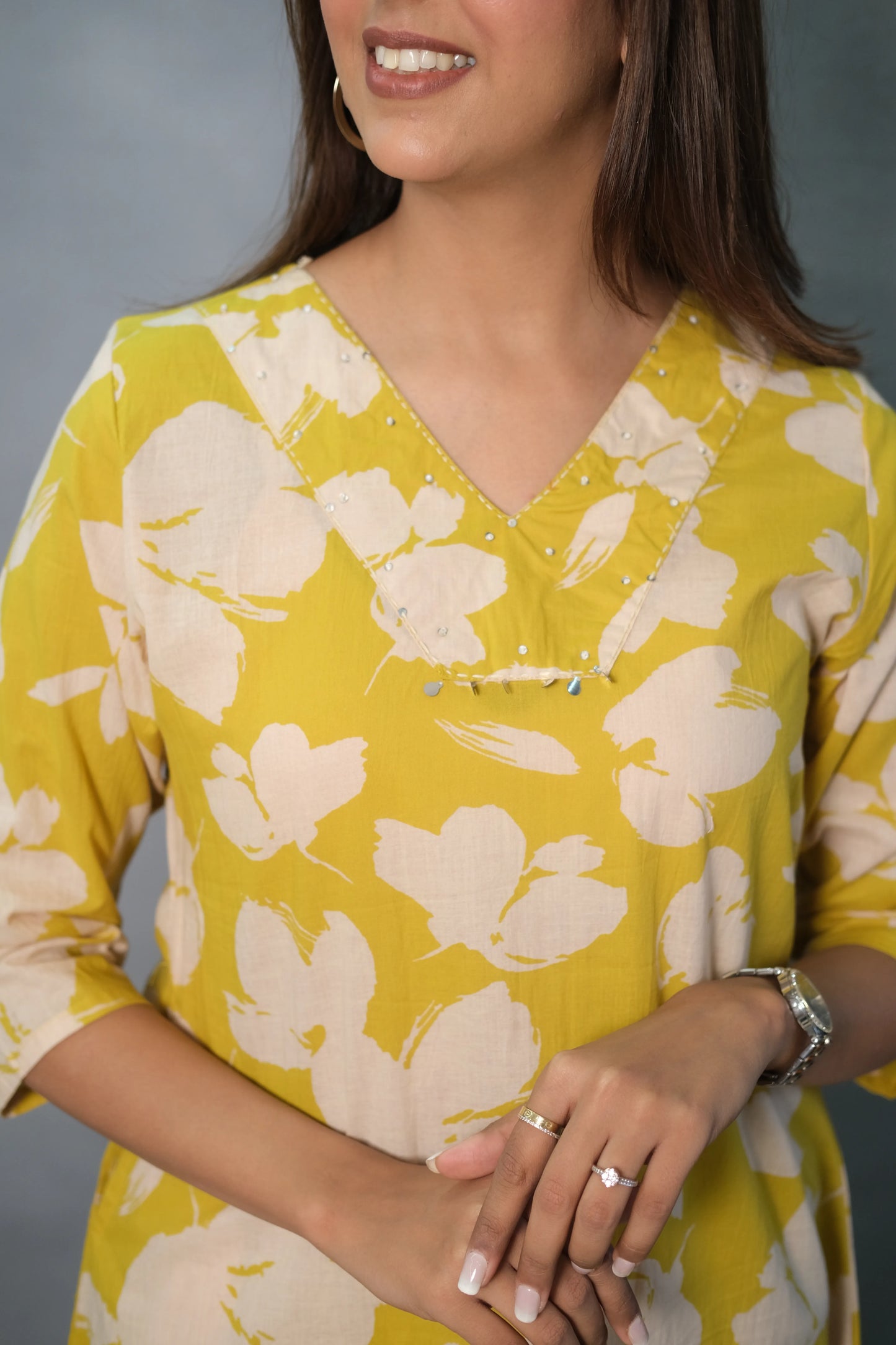 Yellow Floral Printed Kurta Pant Set | Soft Cotton