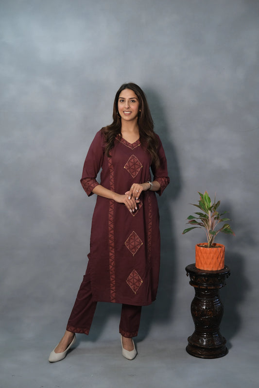 Maroon Printed Kurta Pant Set | Soft Cotton